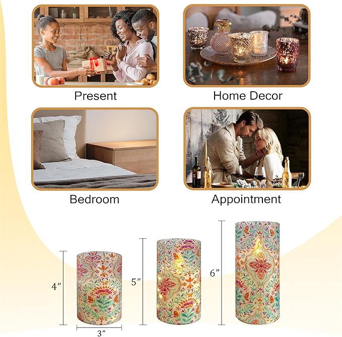 Printed Flameless Candles with String Lights - Set of 3 Colorful Battery Operated Candle Flickering Floral LED Pillar Candles with Timer Remote for Home Decor Romantic Ambiance,BFLY