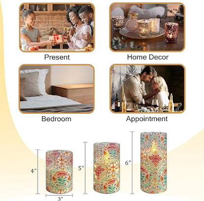 Printed Flameless Candles with String Lights - Set of 3 Colorful Battery Operated Candle Flickering Floral LED Pillar Candles with Timer Remote for Home Decor Romantic Ambiance,BFLY