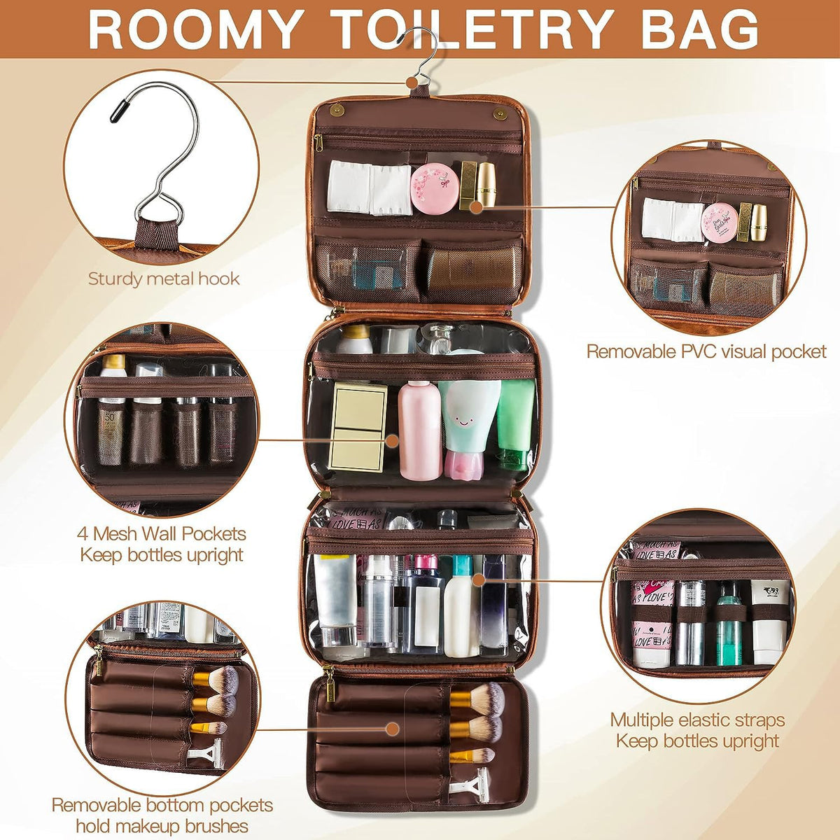 Elviros Hanging Toiletry Bag for Men Travel Essentials 3-in-1 Large Waterproof Dopp Kit PU Leather Shaving Bag with Separate Compartments for Grooming and Toiletries Mens Gift