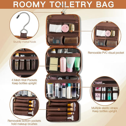 Elviros Hanging Toiletry Bag for Men Travel Essentials 3-in-1 Large Waterproof Dopp Kit PU Leather Shaving Bag with Separate Compartments for Grooming and Toiletries Mens Gift