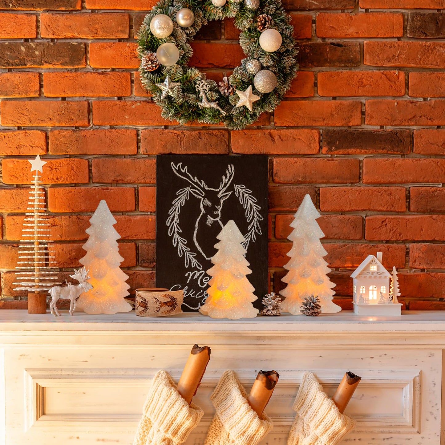 HN HAIINAA White Glittering Christmas Tree Shaped Flameless Candles with Timer, Real Wax Flickering Battery Operated LED Candles for Christmas Home Party Decoration Set of 3