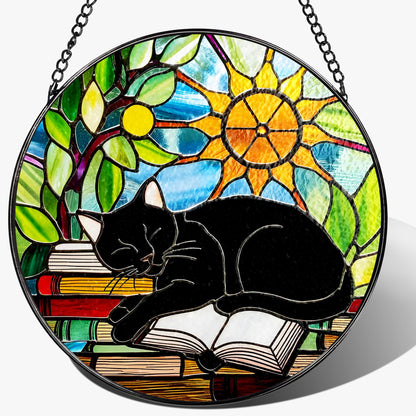 Stained Glass Window Hanging, 8 Inch Black Cat on Book Stained Glass Suncatcher, Window Decor Hanging, Cat Lover Gifts, Reading Decor, Bookish Gift, Librarian Gift, Book Lover Gifts