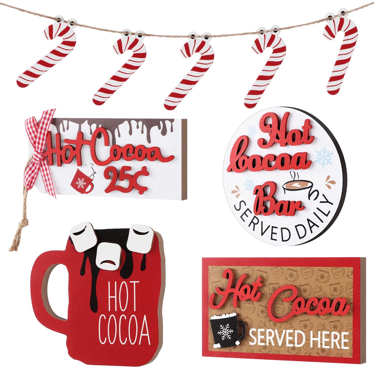 Yalikop 5 Pieces Christmas Hot Cocoa Wooden Signs Tiered Tray Decoration Hot Cocoa Decor Warm Winter Tabletop Wooden Block Sign Christmas Candy Canes Tiered Tray Decorations Holiday Table Centerpieces