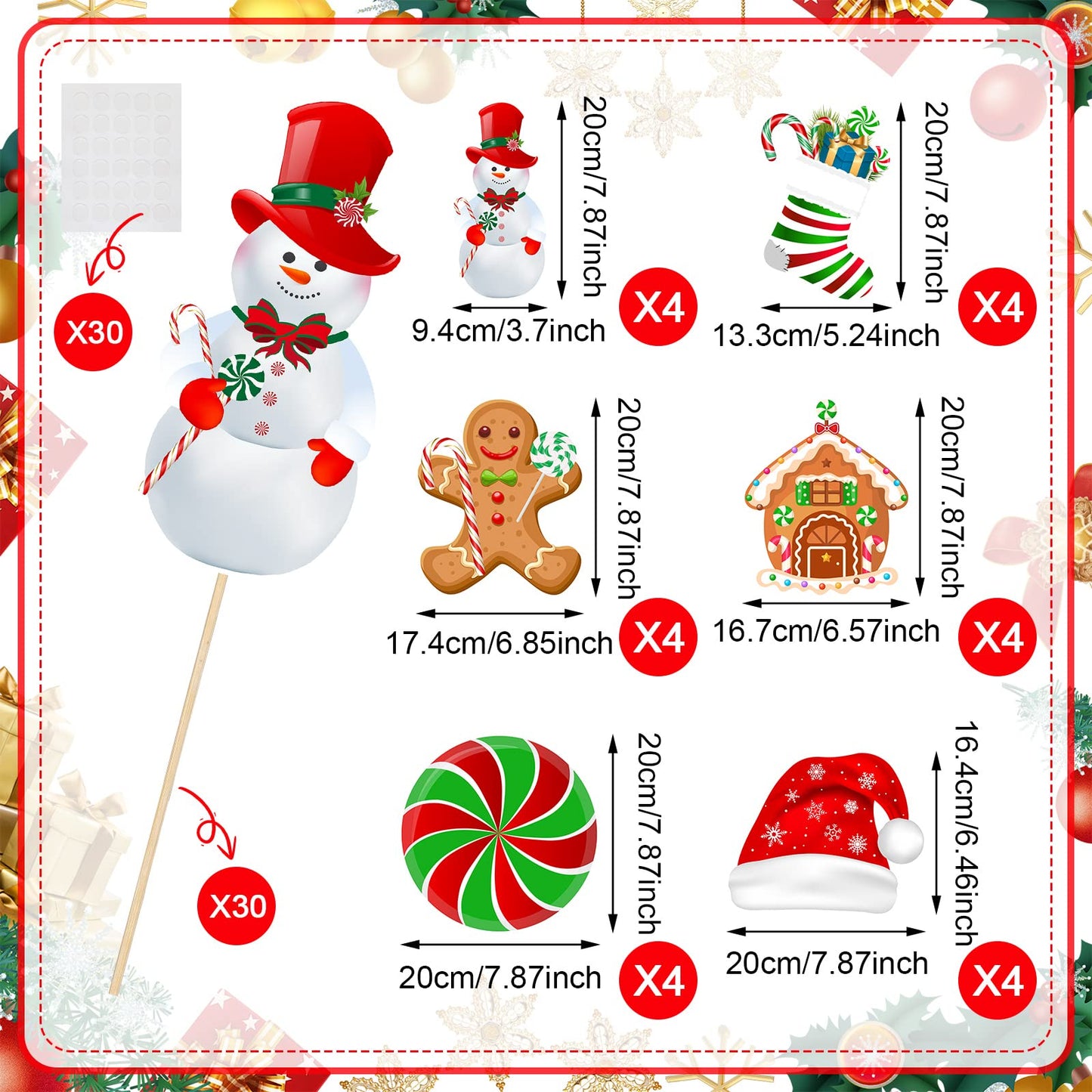 24 Pieces Christmas Picks Snowman Santa Hat Lollipop Gingerbread Christmas Stocking Farm House Cutout on Sticks Vase Filler Crafts Tree Ornament Wreath Holiday Decorations for Christmas Party