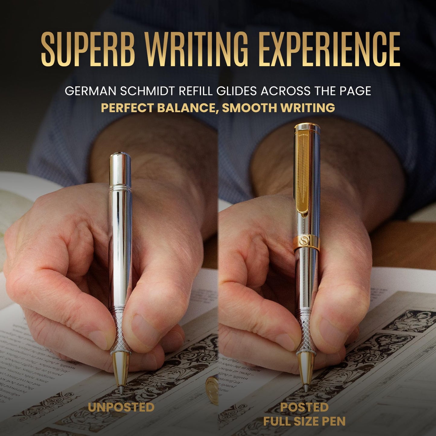 Scriveiner Silver Chrome Rollerball - Award-Winning Heavy Pocket Stunning Luxury Pen, Real Gold Finish, German Schmidt Refill, Best EDC Writing Gift Set for Men & Women, Fancy Designer EDC Roller ball