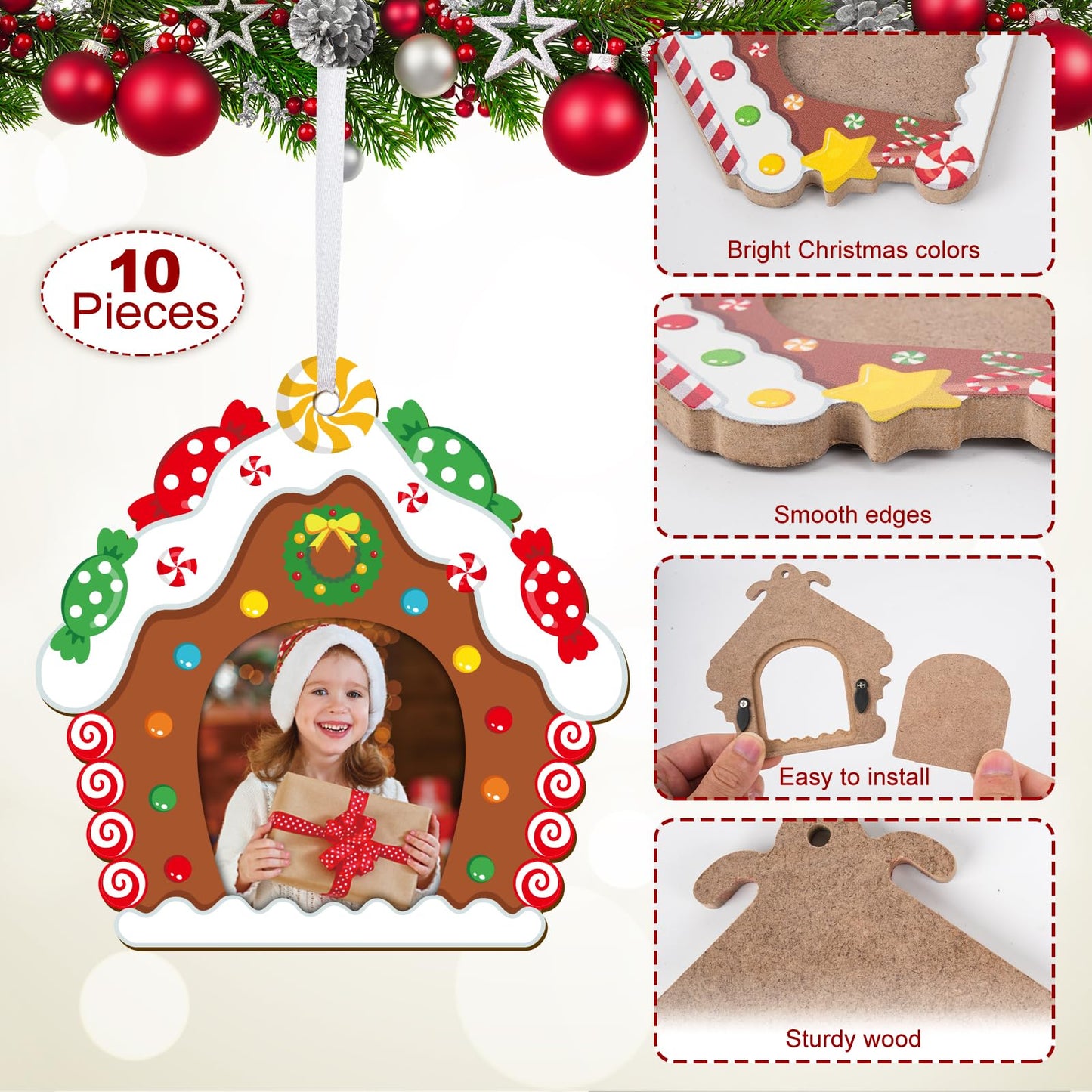 COCHIE Christmas Picture Frame Ornament for Christmas Tree Stocking Decorations, 10PCS Bulk Wood Photo Hanging Ornaments Holiday Xmas Gift (Sweet Gingerbread House)