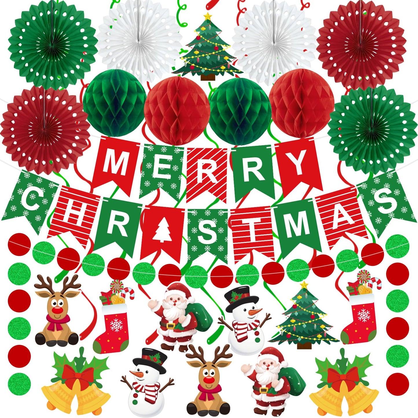 25pcs Christmas Party Decorations Merry Christmas Banner Paper Fan Garlands String Circle Dot Honeycomb Ball Swirl Streamers Snowman Santa for Xmas Decorations Indoor Home Decor