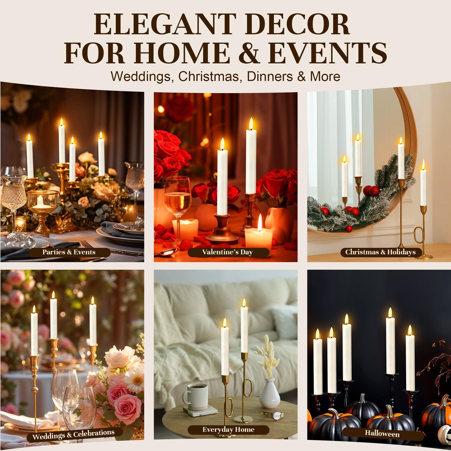 Enhon 6 Pack Flameless Taper Candles with Remote & Batteries, 6.5" Ivory LED Candle Sticks, 3D Flickering Wick, Timer & Dimmable, 624+ Hour Battery Operated Candles for Home, Wedding & Christmas Decor