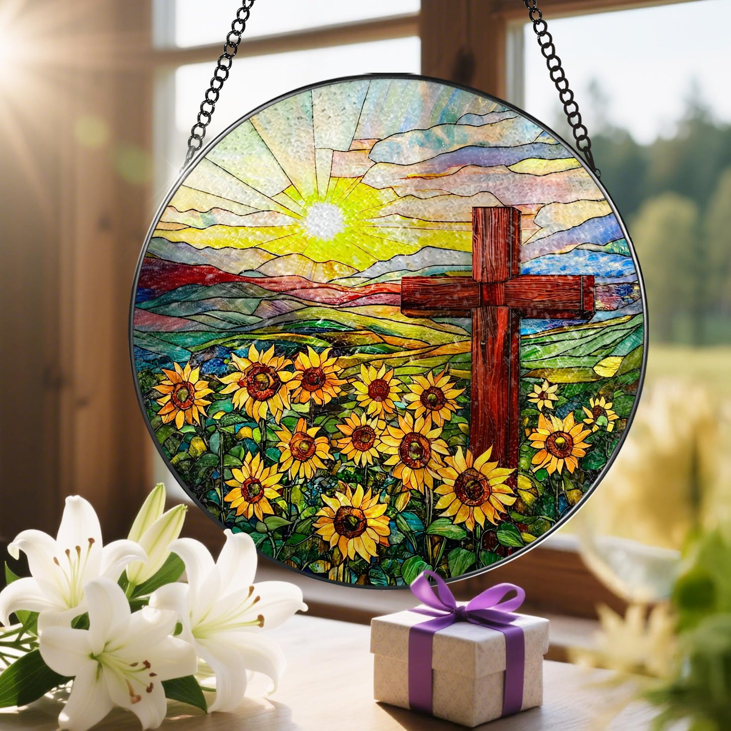Cross Stained Glass Sun Catcher, Stained Glass Window Hanging, 8 Inch Suncatchers for Windows, Window Hanging Ornament, Easter Faith Home Decor, Cross Gifts, Gift for Religious, Christian Gifts