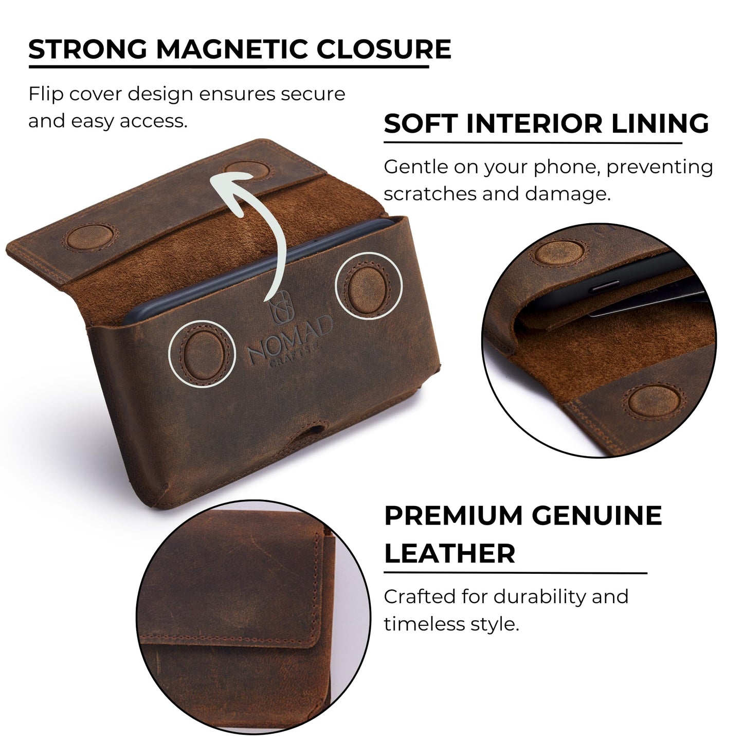 Genuine Leather Horizontal Phone Holster for Men, Horizontal Cell Phone Holder for Belt w/Magnet Closures, Handcrafted Cellphone Case for iPhone and Smartphones