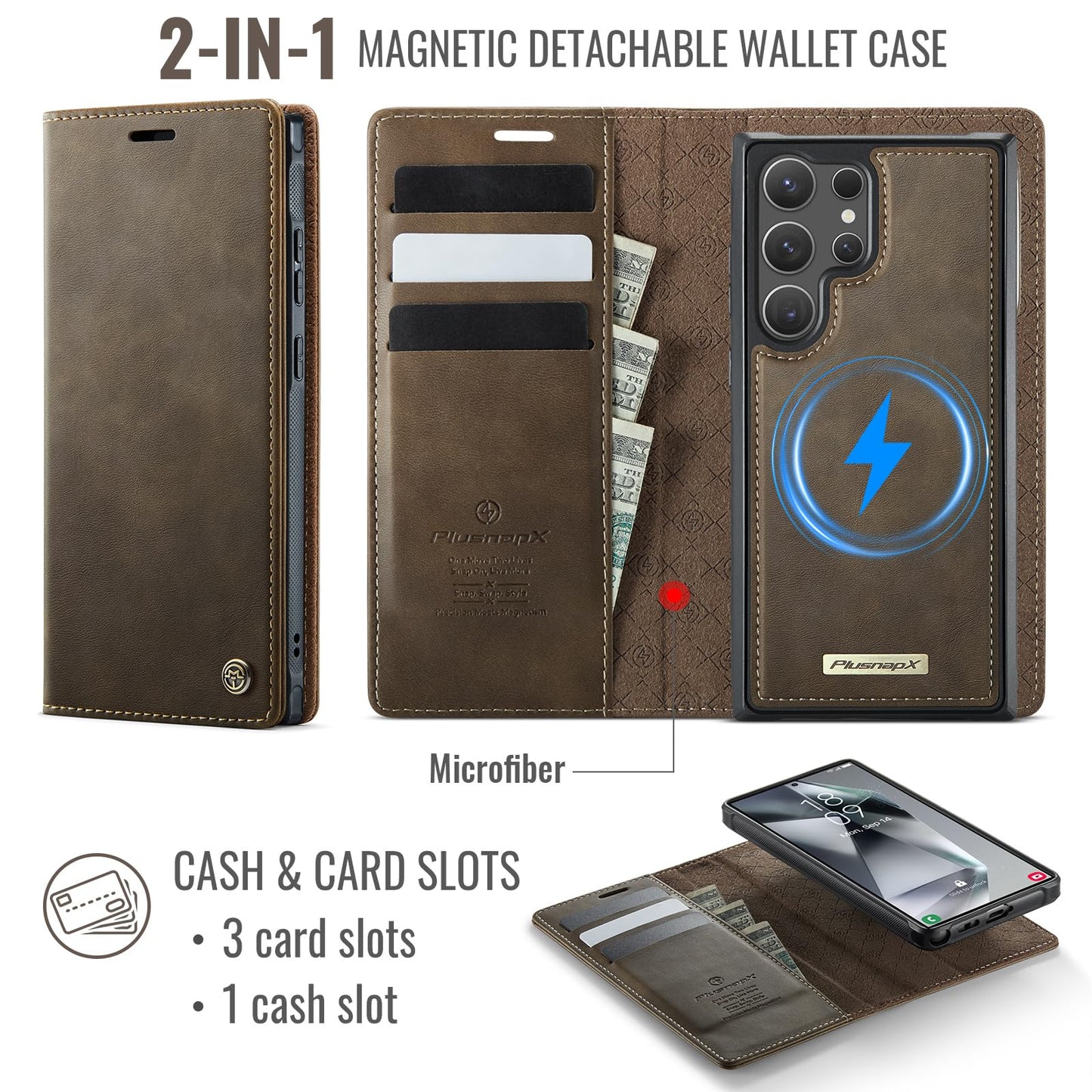 PlusnapX Wallet Case for Samsung Galaxy S24 Ultra Compatible with Magsafe, 2-in-1 PU Leather Flip RFID Blocking Card Holder Stand Shockproof Magnetic Detachable Cover for Galaxy S24 Ultra, Brown