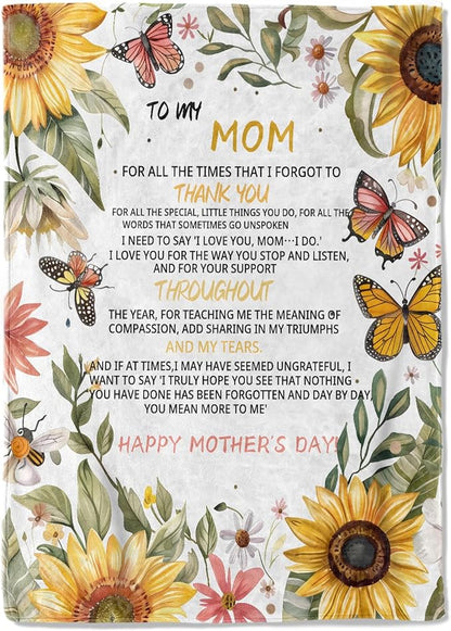 Mother's Day Fleece Blanket - 40x50in Mom from Daughter Son Birthday Heartfelt Message Throw Blankets,Sunflower,Soft Cozy Lightweight, Ideal for Living Room Home Decor and Women Gifts