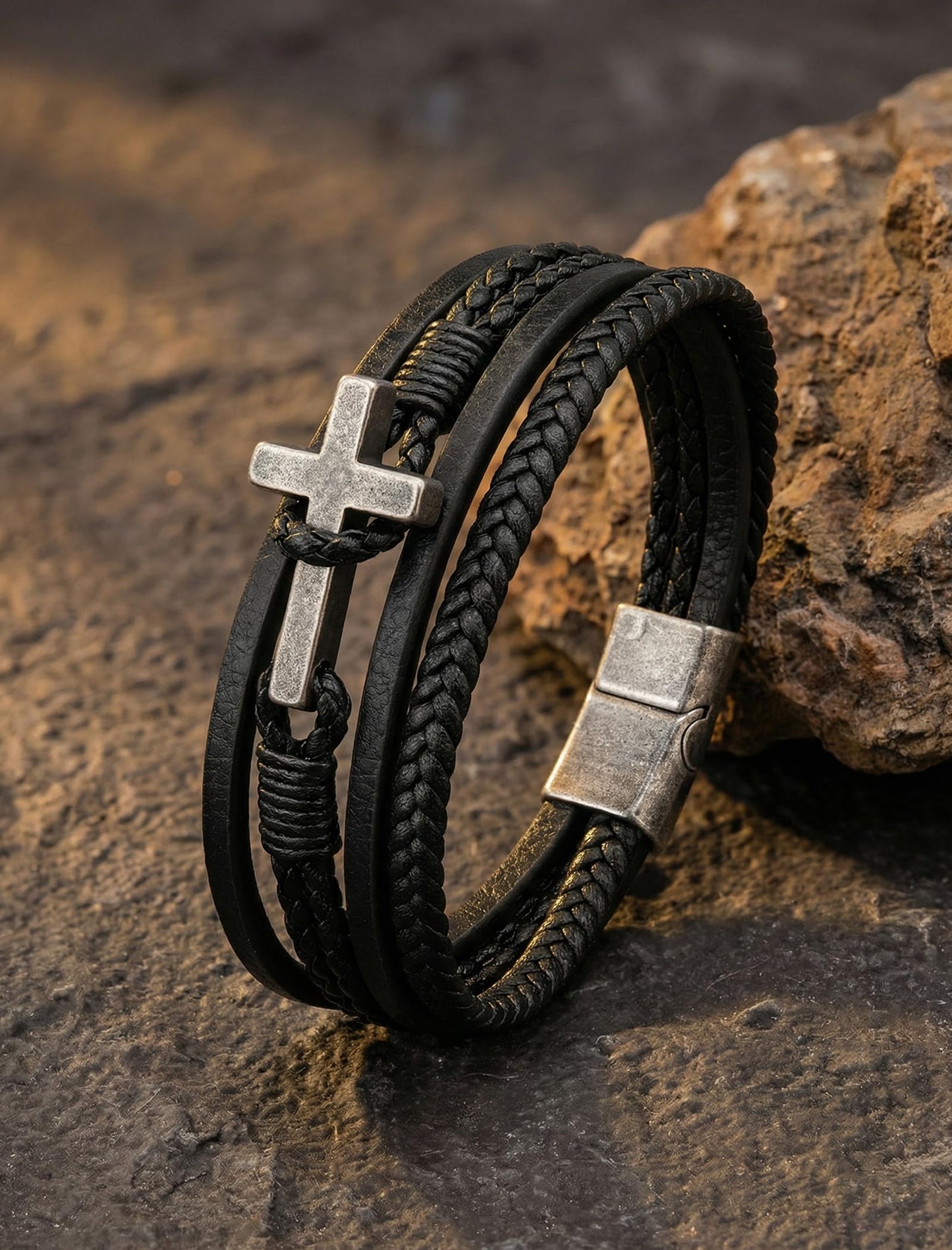 Mrcaois Retro Black Leather Bracelet Men, Vintage Cross Charm Bracelets - Genuine Leather Woven Strap for Graduation - Black, 8.3 Inch