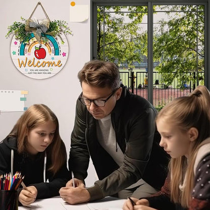 Welcome Classroom Teacher Door Sign Wooden Welcome Sign for Classroom Door Creative Rainbow Hanging Plaque Apple Pencil Star Classroom Wreath Inspirational Wall Art Kids Decor Gift 12 inch