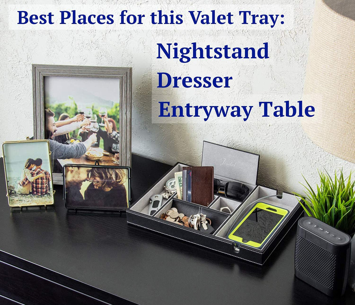 JIADEL Leather Valet Tray for Men - EDC Catch All, Dresser Organizer, Jewelry & Wallet Desk Accessory, Bedside Entryway Key Catchall