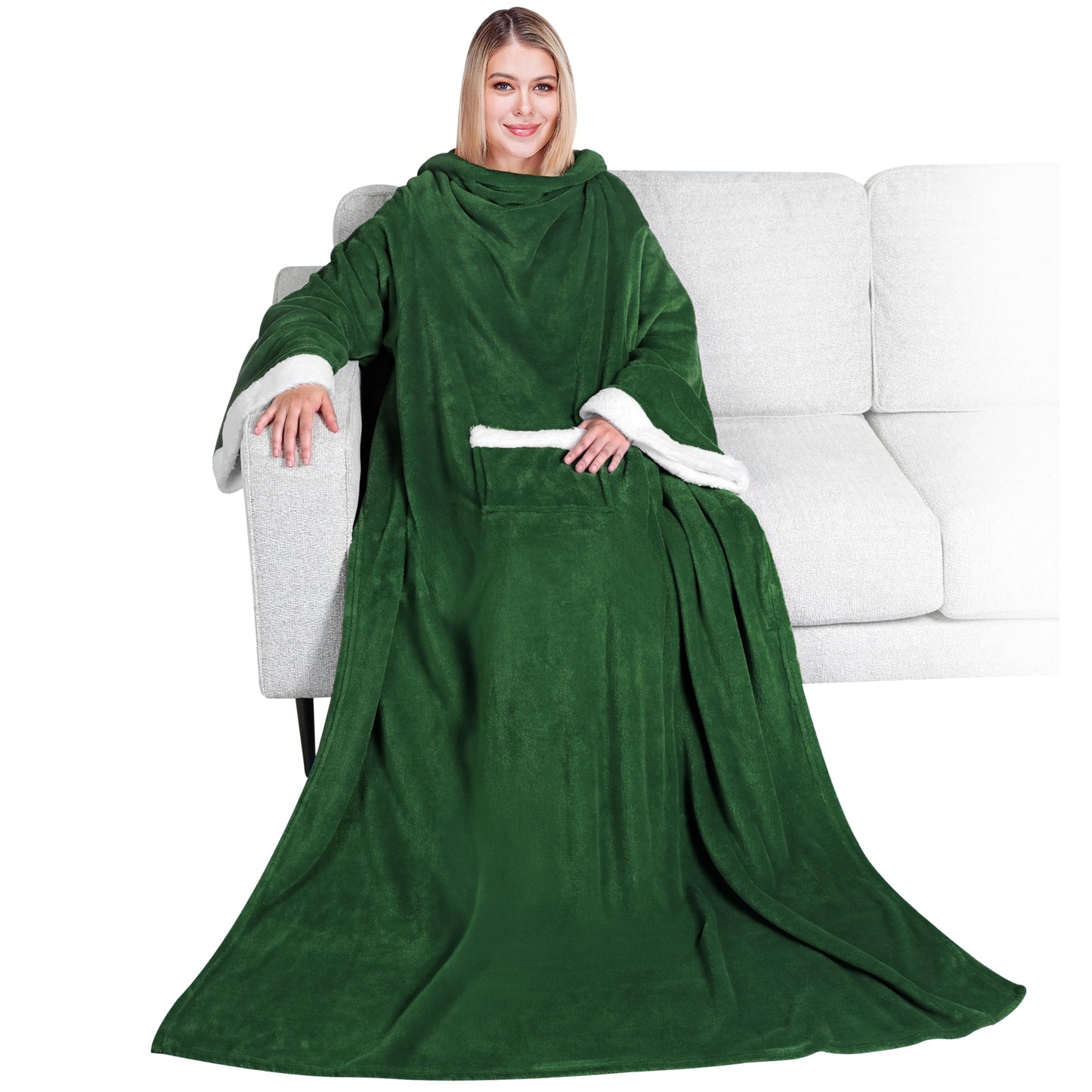 PAVILIA Wearable Blanket with Sleeves & Pocket for Women & Men, Soft Fleece Snuggle Throw with Sherpa Trim, Cozy TV Couch Robe, Gift Ideas for Mom & Wife, Dark Green