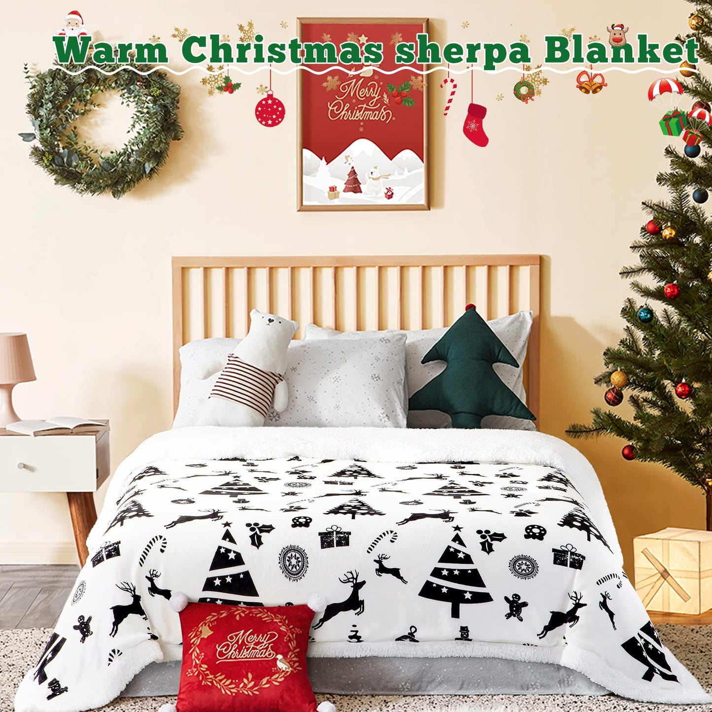 LBRO2M Sherpa Fleece Bed Blanket Queen Size,Christmas Super Soft Fuzzy Plush Warm Cozy Fluffy Microfiber Couch Throw Velvet Double Reversible Luxurious Blankets