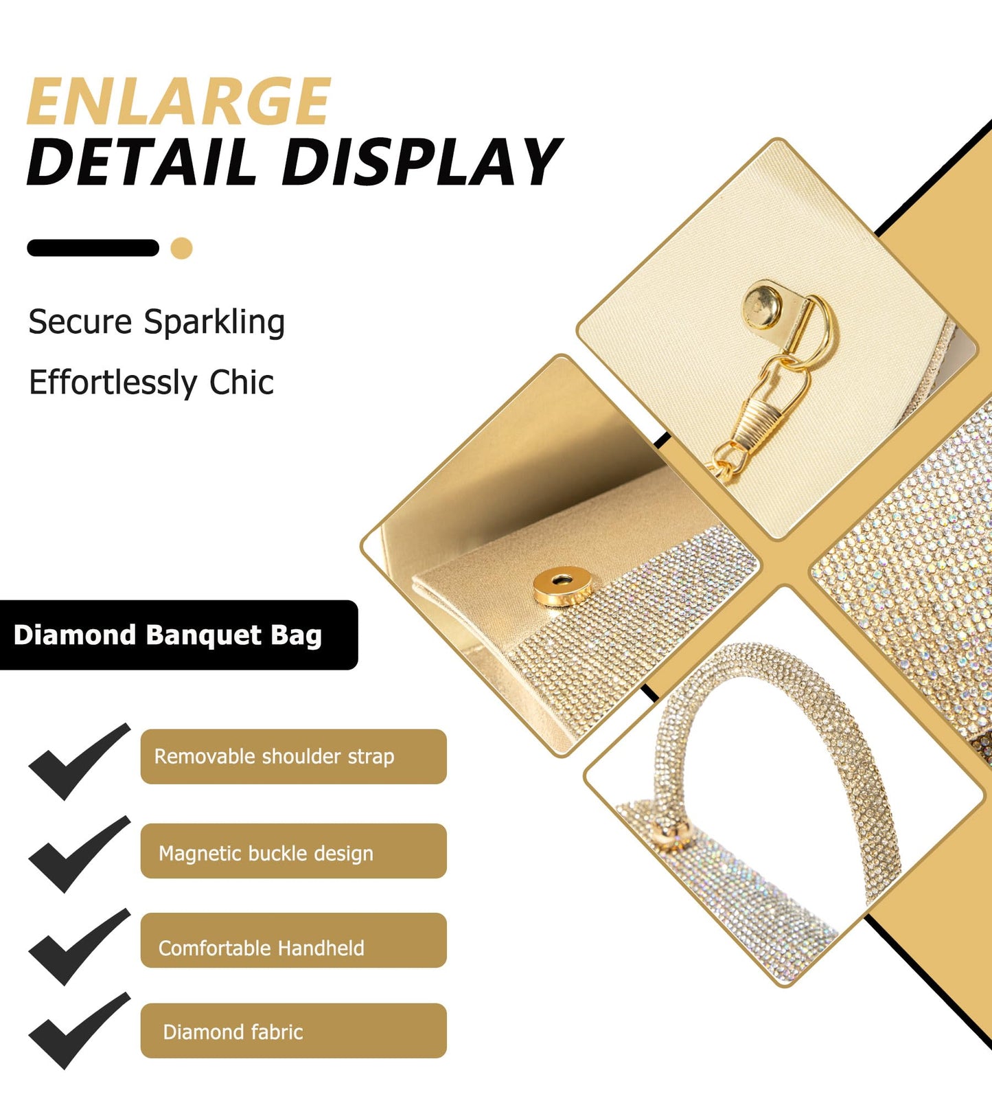 Sweetovo Rhinestones Clutch Purse for Women Sparkly Shoulder Bag and Handbags for Wedding Party Evening Crossbody Bag (B-Gold)