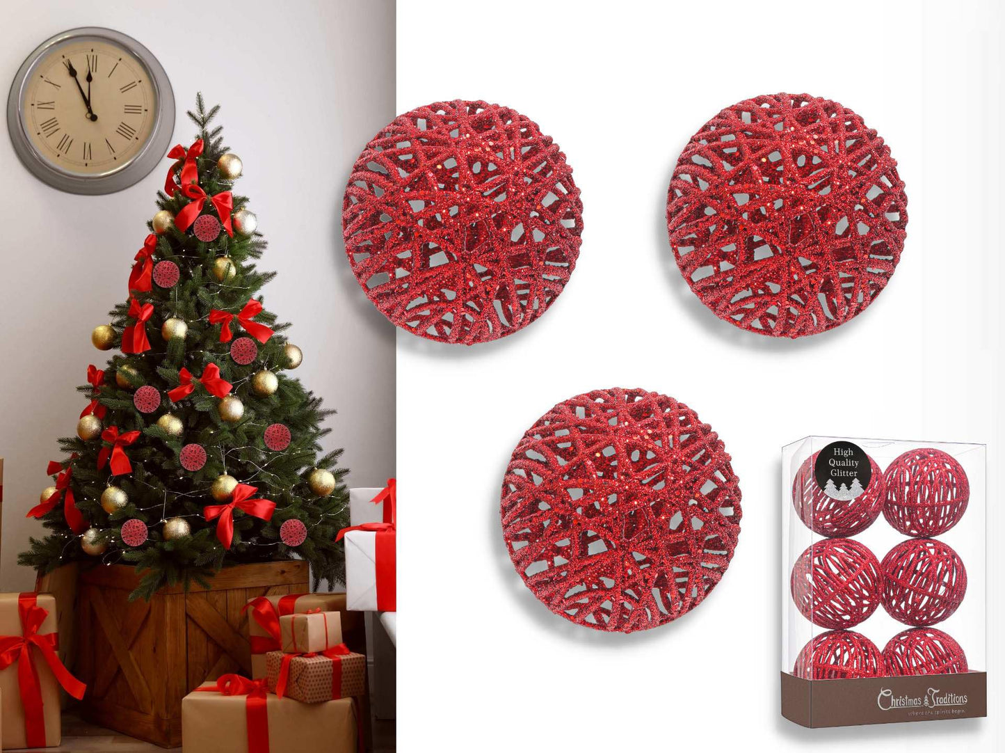 Christmas Traditions 4 inch Christmas Red Glittered Rattan Christmas Ball Ornaments Hanging Tree Decorations (Set of 6)(Christmas Red)