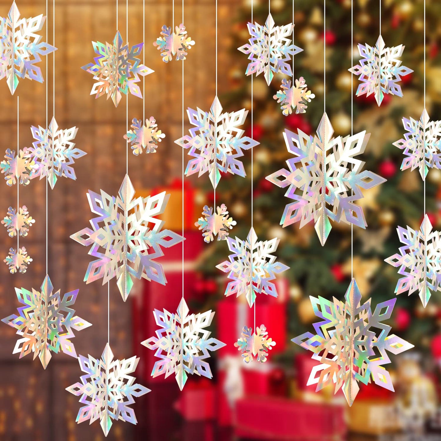27PCS Christmas Hanging Snowflakes 3D Paper Snowflakes Christmas Tree Decorations Hanging Snowflake Decorations for Winter Wonderland Christmas Indoor Outdoor Holiday Decor (27, Iridescent)