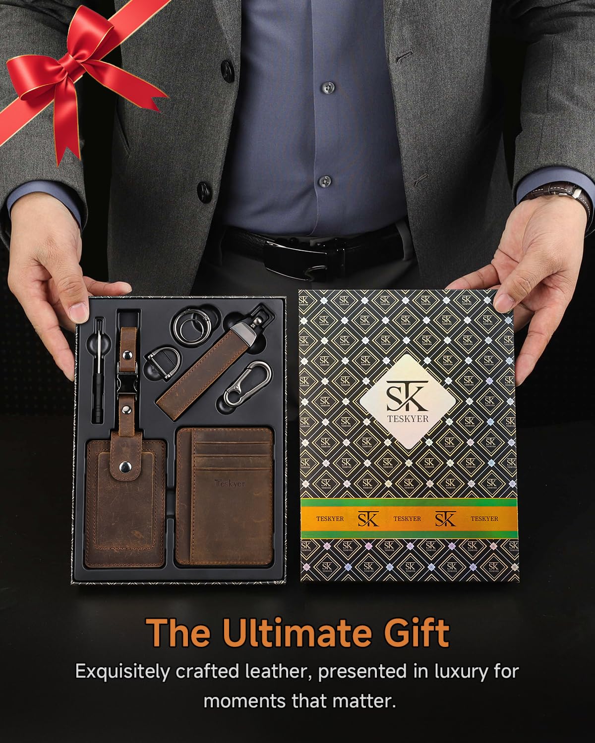 Teskyer Leather Gifts for Men, Premium Leather Gift Set with Slim Wallet, Travel Luggage Tag & Car Keychain, Elegant Gift Box for Father's Day, Birthday, Anniversary, Retirement & Graduation - Coffee