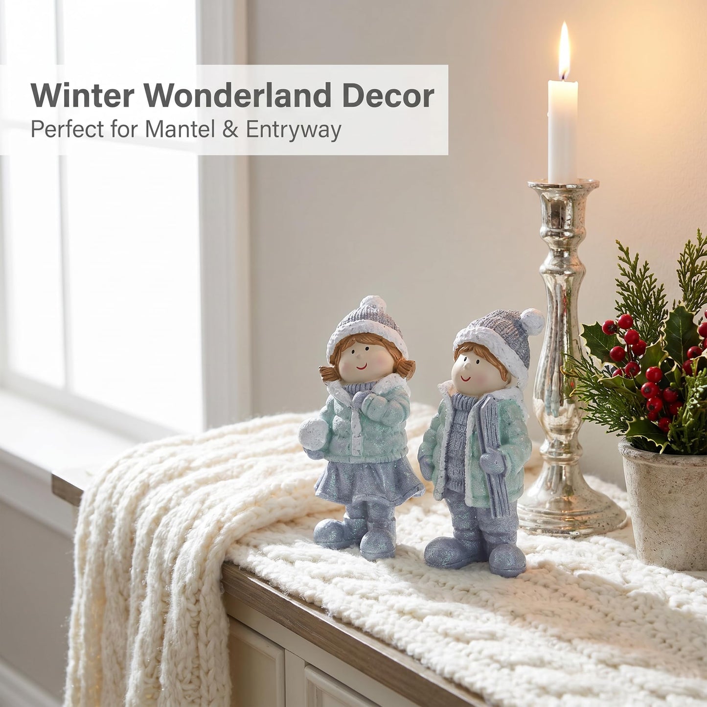Brizoria Miniature People Figurines Set of 2 Glitter Resin Boy and Girl Winter Decorations for Home Indoor Tabletop Mantel Shelf Cute Christmas Home Decor Small Tiny People Figurines