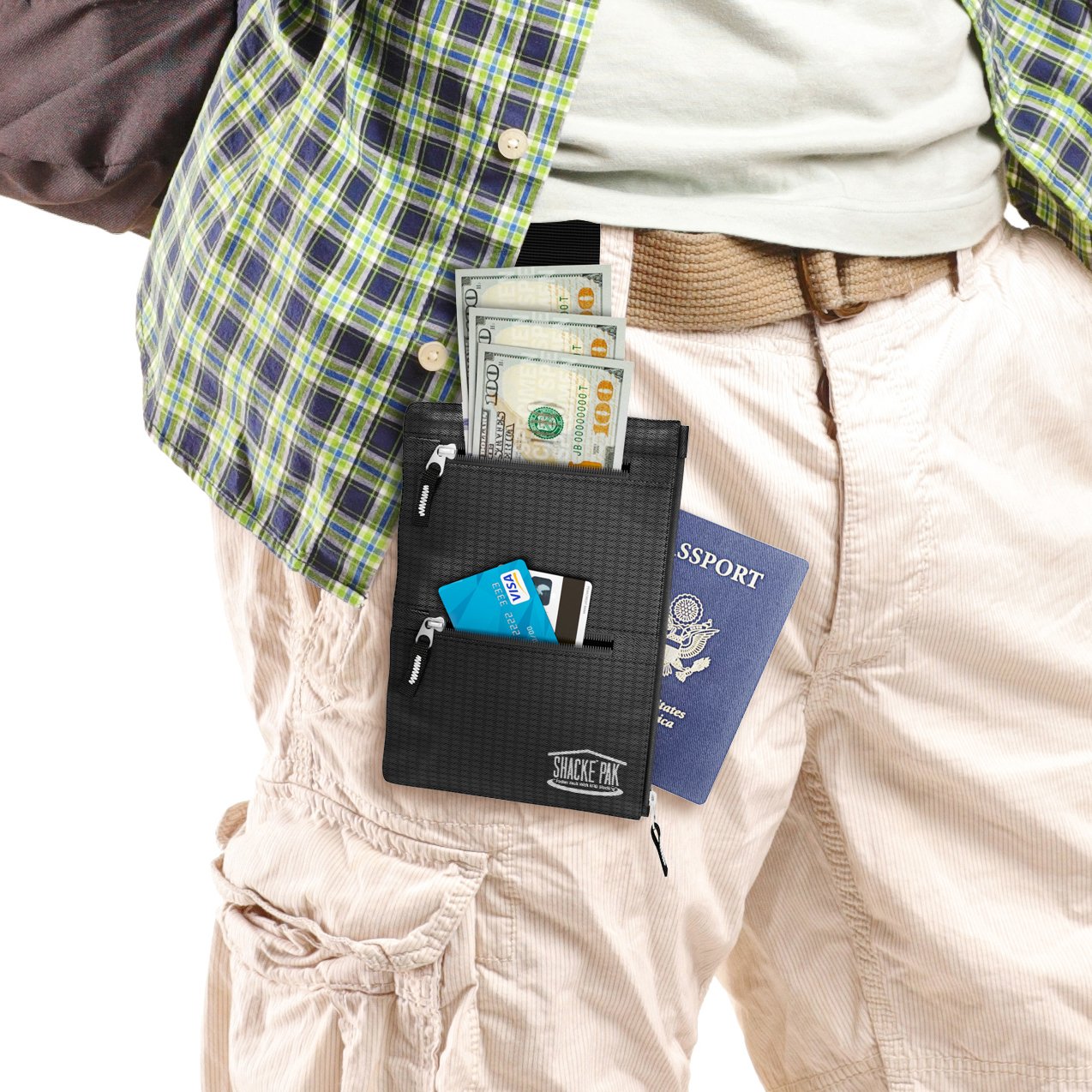 Shacke Hidden Travel Belt Wallet w/RFID Blocker (Black with Black Strap)