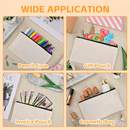 pabues 14 Pieces 8 x 4.7 Inch Blank Craft DIY Canvas Pen Pencil Case- Cotton Canvas Invoice Bill Bag Makeup Bags Cosmetic Bag Multipurpose Travel Toiletry Pouch with Black Zipper