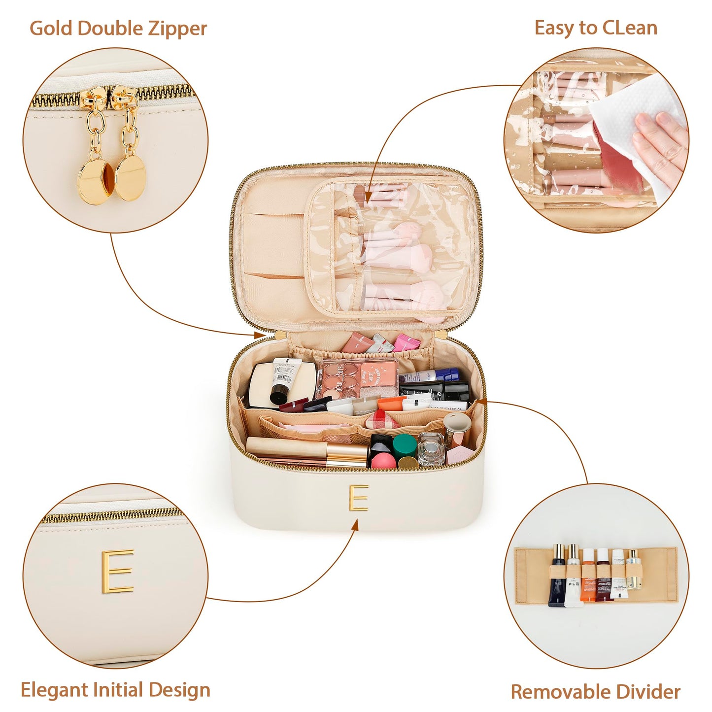 CLOUDWINGS Gifts for Women Travel Makeup Bag Personalized Cosmetic Bag Portable Large Capacity Toiletry Bag(Beige-E)