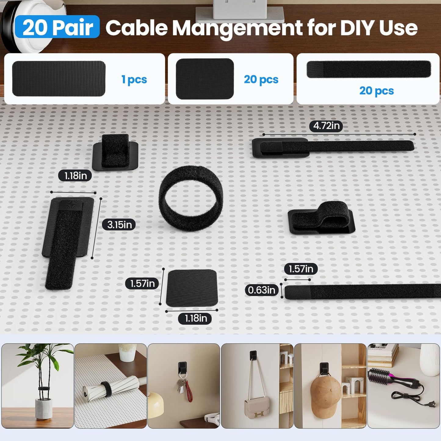 Cable Management Under Desk, 【Up to 15 Cord】【Enhanced Wire Holder】 Cord Organizer, Adjustable Hook and Loop Cable Ties, Home Office Essentials, Cable Hider Clips Under Table, 20 Pair