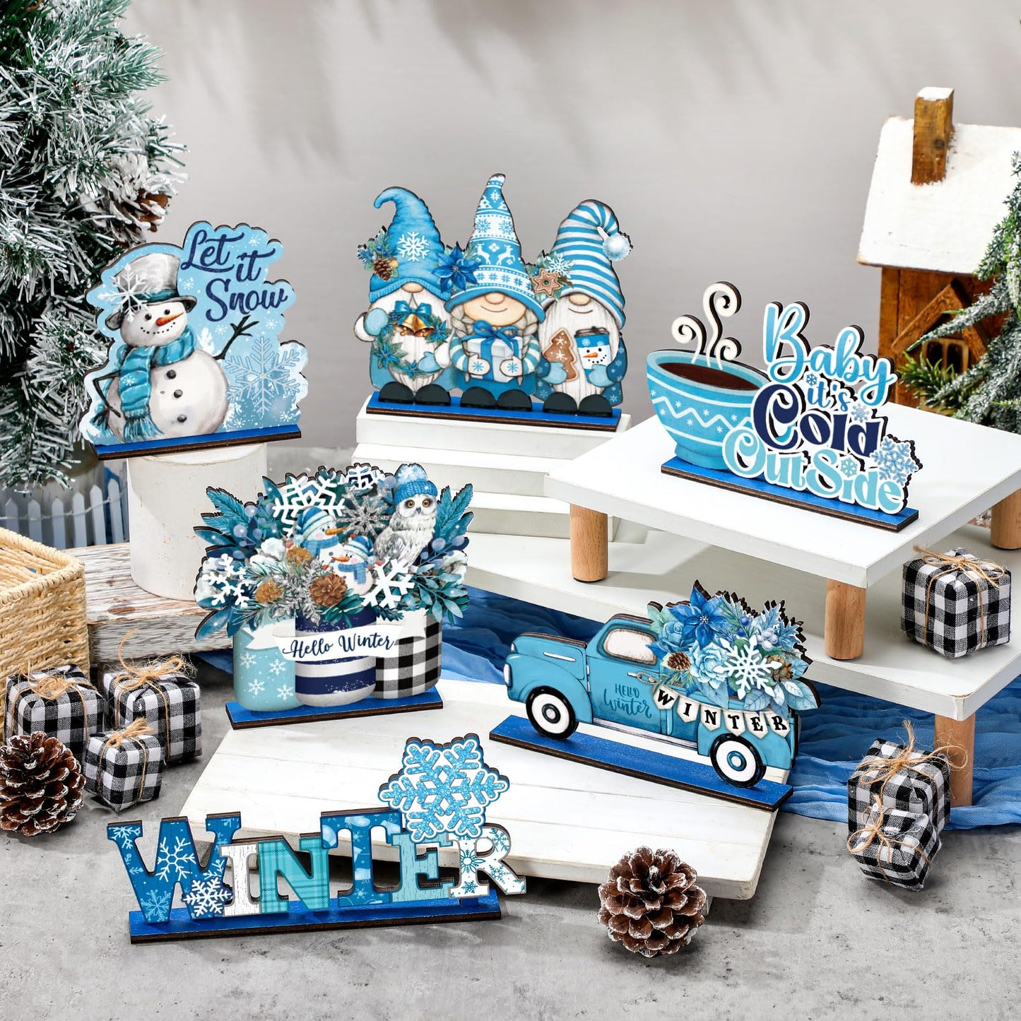 Wenqik 6 Pcs Winter Wooden Table Decorations Blue Wood Tabletop Sign Centerpiece Rustic Winter Snowflake Snowman Gnomes Decorations for Office Desk Farmhouse Home Kitchen Shelves Decorative