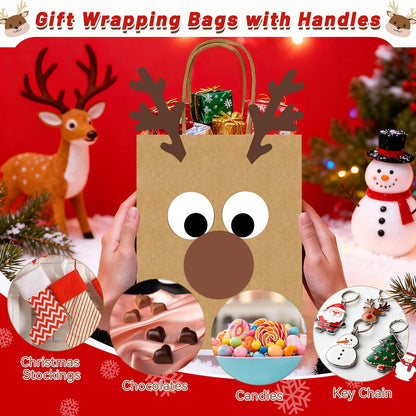 FOGWOWO 36 Pcs Reindeer Gift Bags DIY Reindeer Bags,Christmas Goodie Bags Kraft Paper Reindeer Treat Bags Party,Xmas Candy Bags Bulk with Handles Wrapping Supplies