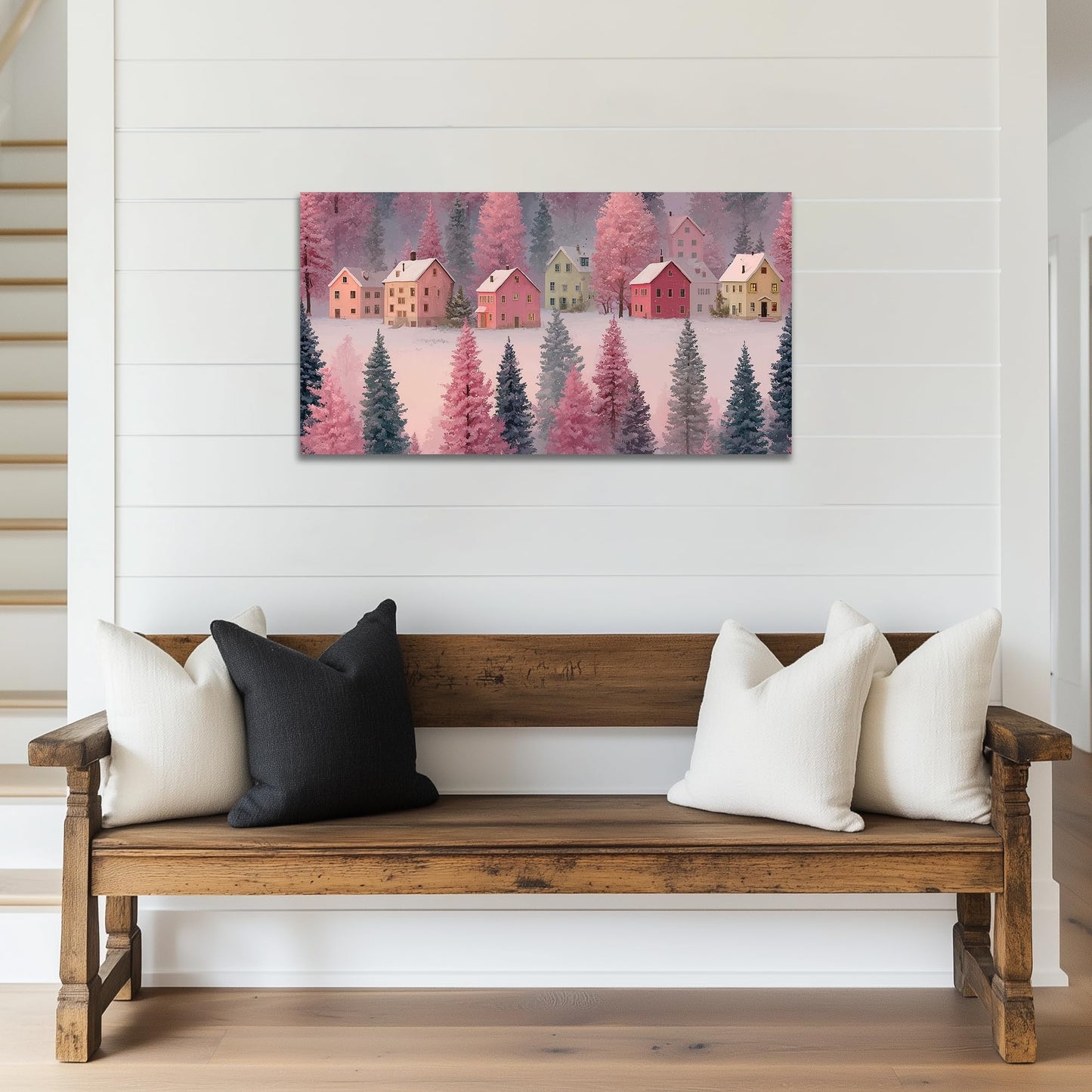 GUTTATY Christmas Canvas Wall Art, Pastel Winter Village Canvas Painting, Snow Scene Wall Prints, Festive Holiday Indoor Artwork Poster, Cozy Christmas Wall Decor for Living Room, 32x16 Inch