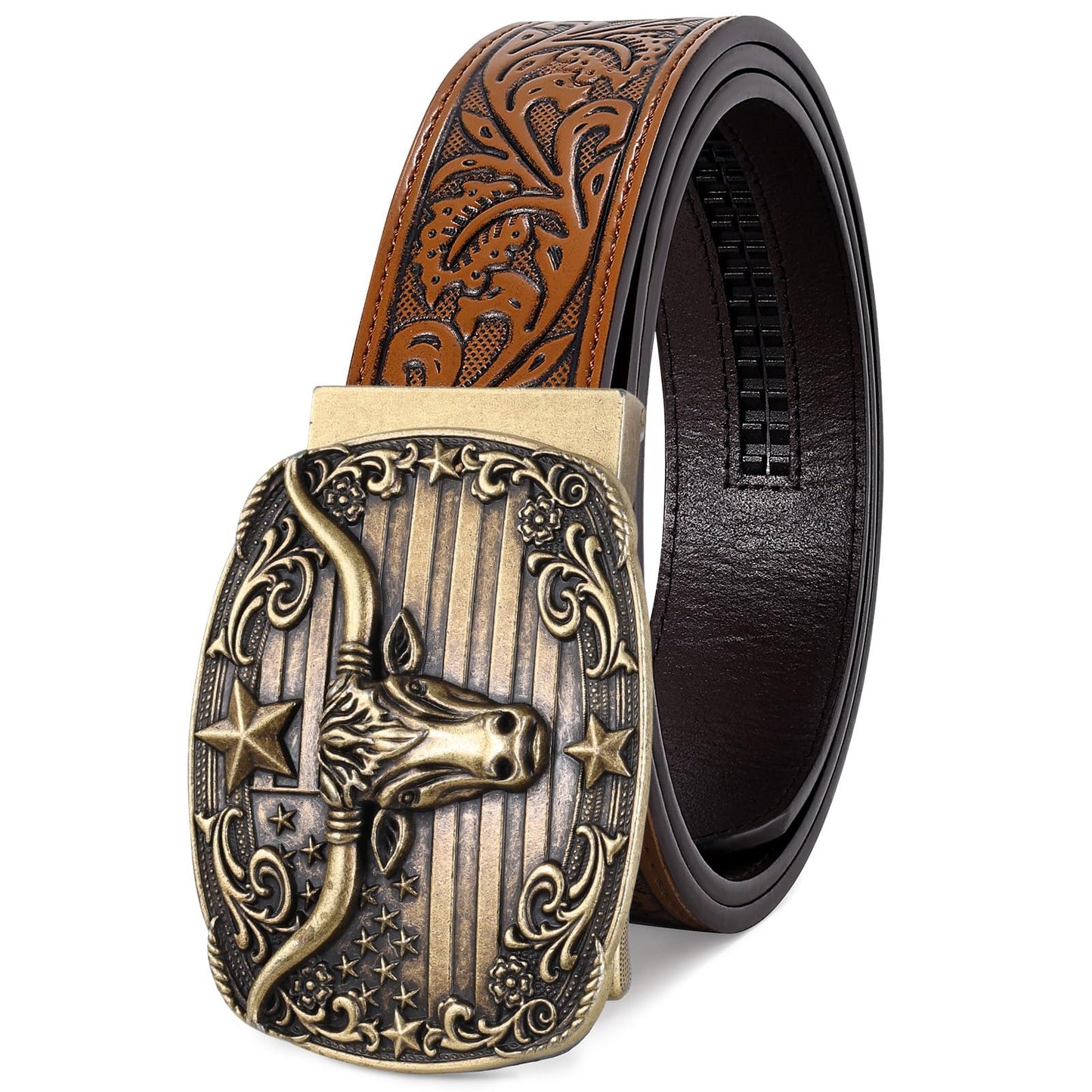 SANSTHS Western Cowboy Ratchet Belts for Men Women Leather Cowboy Belt with Automatic Western Buckle for Jeans Gifts, Golden Bull/Brown
