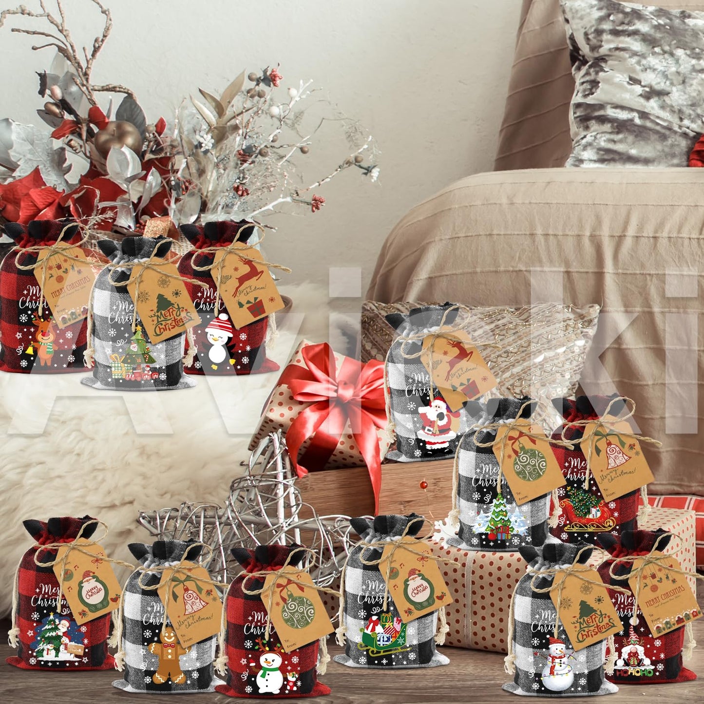 Aviski 60PCS Cotton Small Christmas Drawstring Candy Treat Bags Buffalo Plaid Xmas Xmas Christmas Fabric Goody Gift Sacks Reusable Gift Wrapping Bags Holiday Party Favors - Red/White
