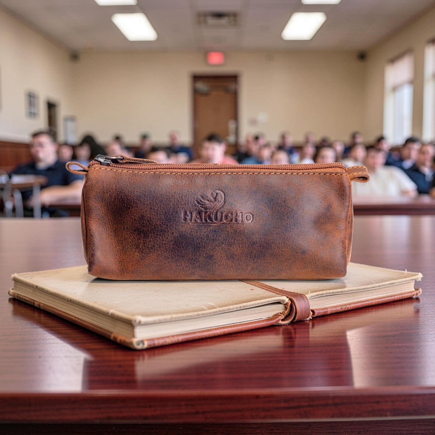 HAKUCHO Leather Pencil Case - Full Grain Leather handmade Durable & Stylish, Ykk Zippered Pen Pouch - Stationery Bag Pen Holder for collage, Work & Office