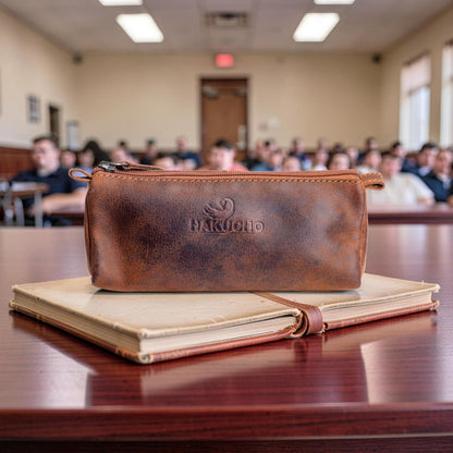 HAKUCHO Leather Pencil Case - Full Grain Leather handmade Durable & Stylish, Ykk Zippered Pen Pouch - Stationery Bag Pen Holder for collage, Work & Office