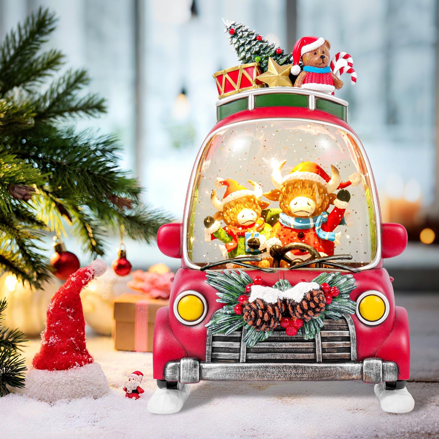 Christmas Snow Globe Lantern with 8 Holiday Music, Christmas Water Snow Globe USB/Battery Powered 6H Timer, Glitter Snowfall Two Bison Scene for Family Friends (Two Bison)