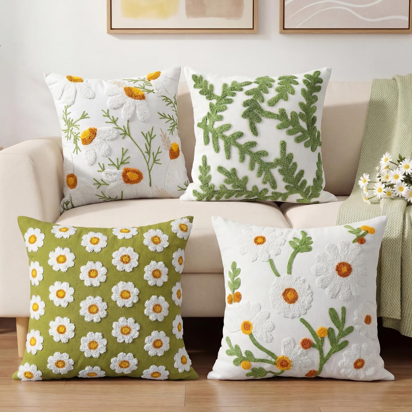Fourluoo 4 Pcs Daisy Embroidered Throw Pillow Covers 18x18 Daisy Decorative Pillow Cover with Zipper Spring Floral Tufted Cushion Pillowcase for Bed Couch Sofa Living Room