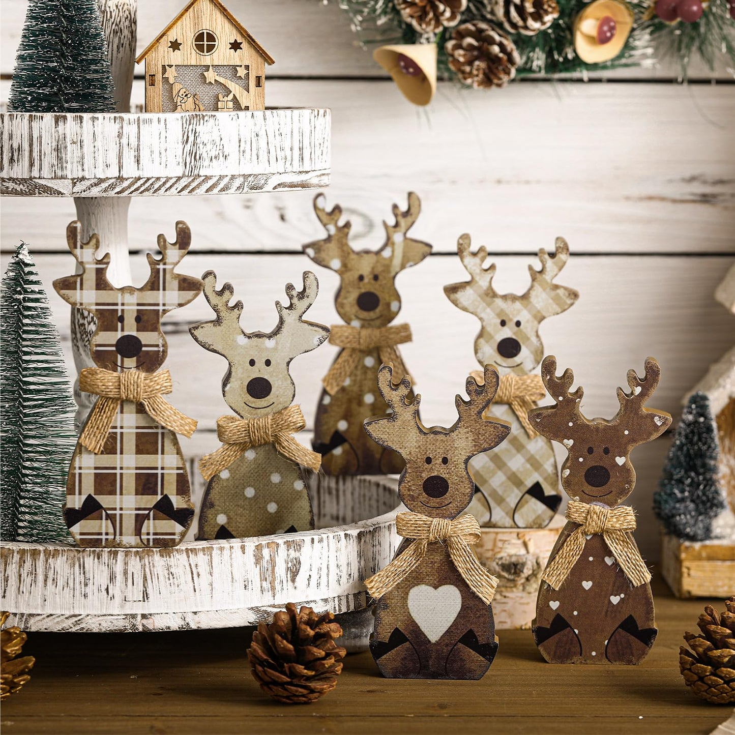 Yousoontic Neutral Wooden House Decor Rustic Farmhouse Spring Tiered Tray Decor Spring Mantel Decoration for Home Desk Shelf Table Centerpiece Decoration(6 Pcs,Reindeer)