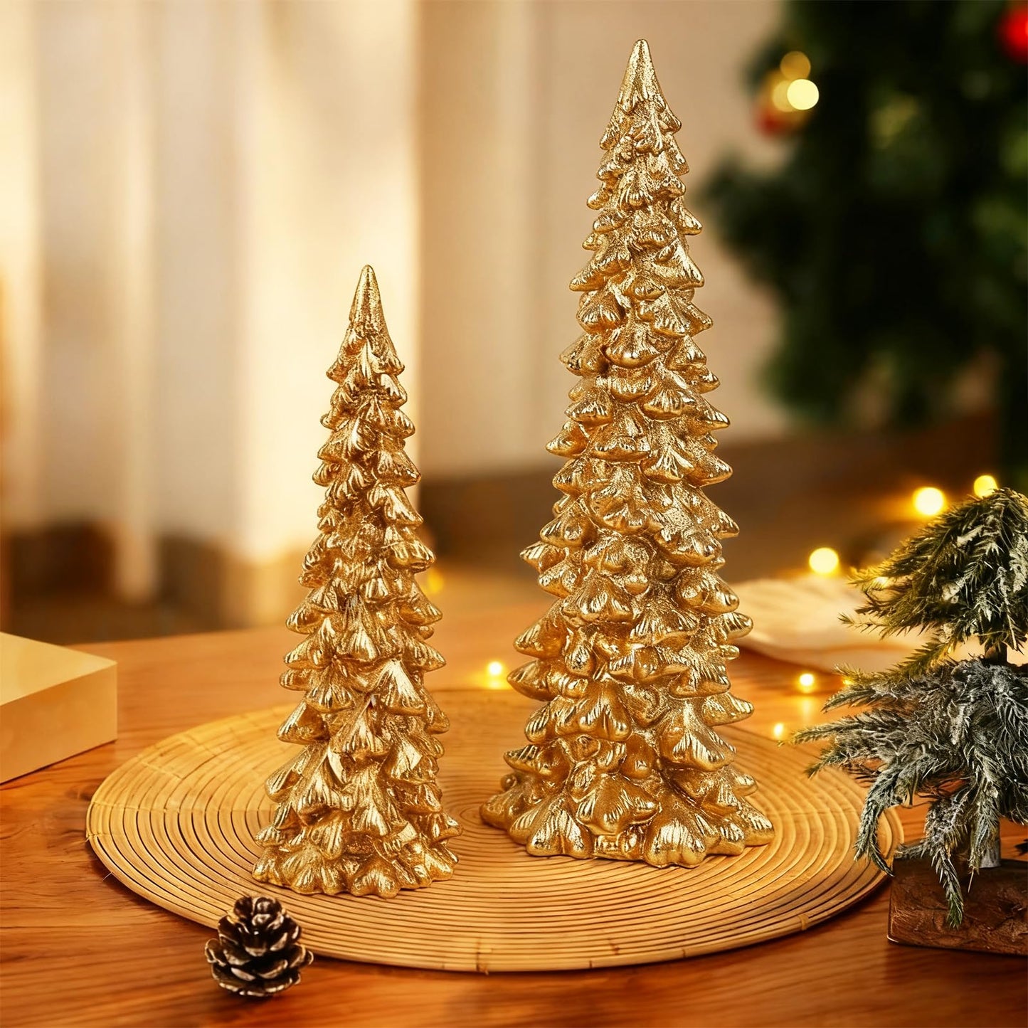 Set of 2 Gold Glitter Resin Trees,Small Pine Tree Figurines Decorative Christmas Trees Tabletop Centerpieces Decor for Christmas,Xmas,Holiday,9.6'' / 6.1''