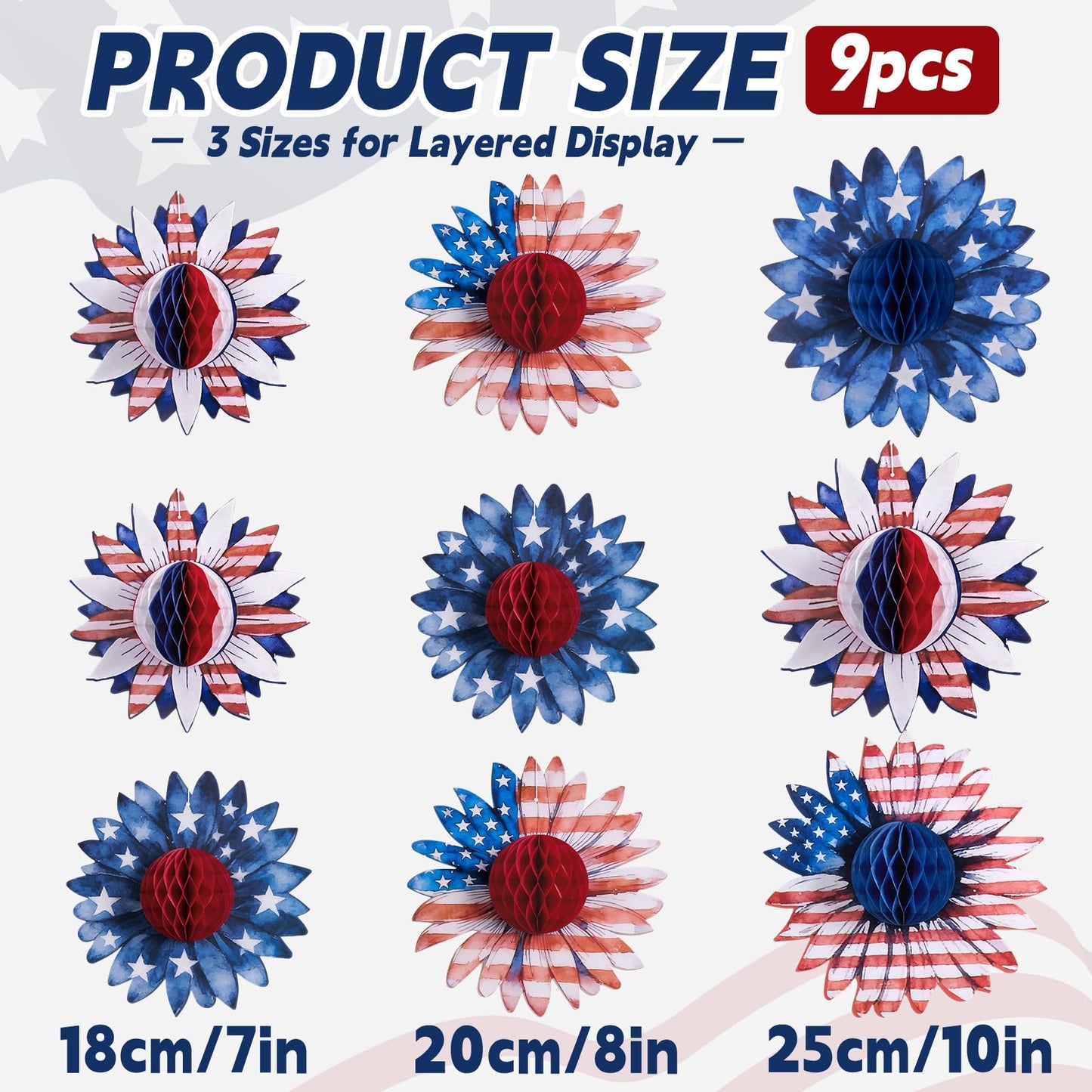 Paper Jazz 4th of July Decorations Paper Flower American Flag Red White and Blue Decor for Presidents Day,Patriotic Decoration Haning Paper Honeycomb for Veterans Day, Independence Day Birthday Party