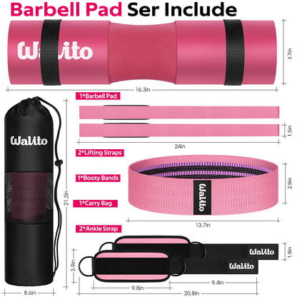 WALITO 8Pcs Barbell Pad Set for Hip Thrust - Squat Pad,Gym Accessories for Women with Bar Bad,Bench Press, with Gym Ankle Straps,Resistance Bands for Working Out,Lifting Strap,Carry Bag (1-Pink)