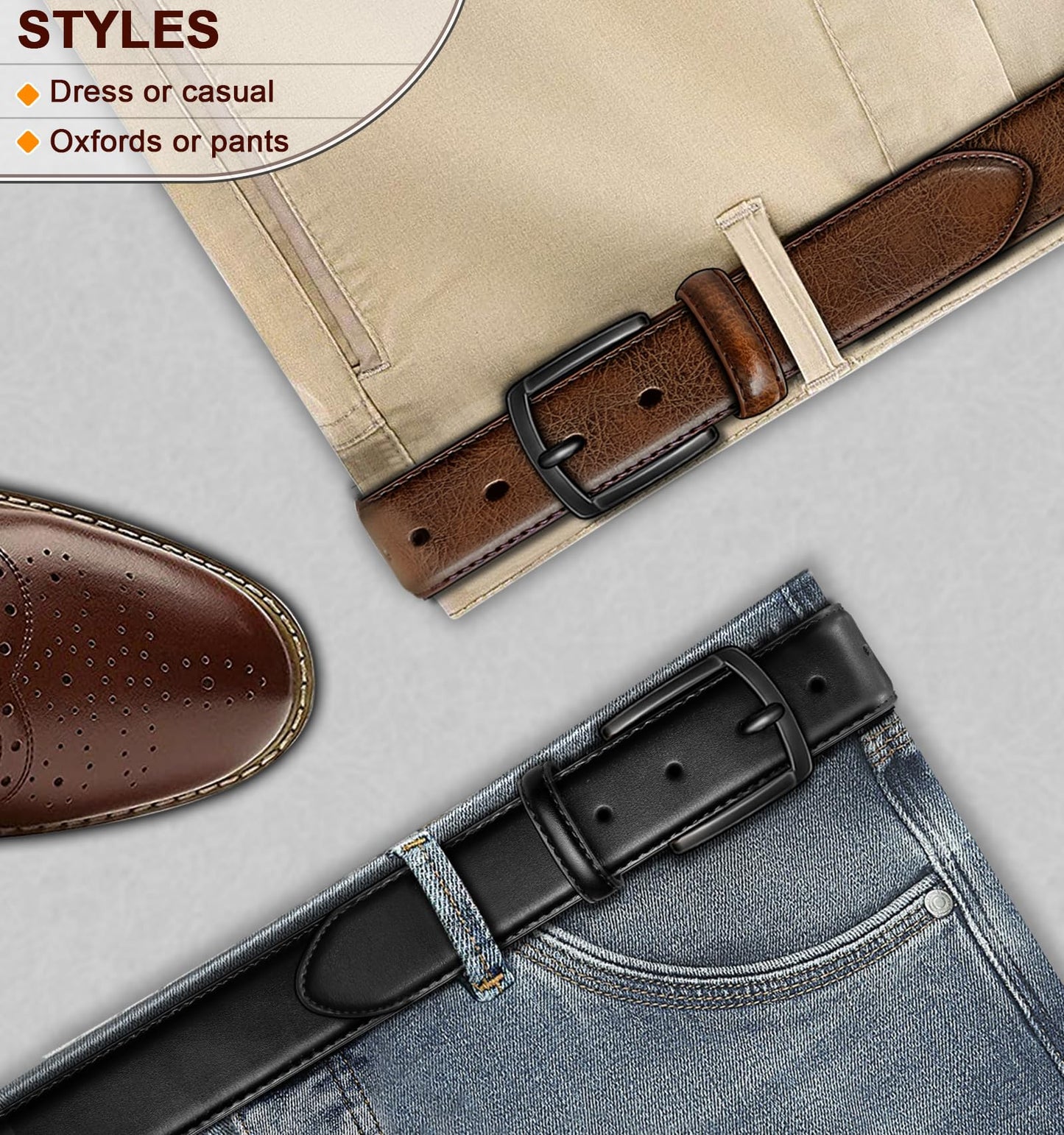 BULLIANT Men Belt 2Pack-Leather Belt 7Holes Comfortable For Men's Dress Casual Jeans 1 3/8"(Black/Deep Brown,32"-34" Waist Adjustable)