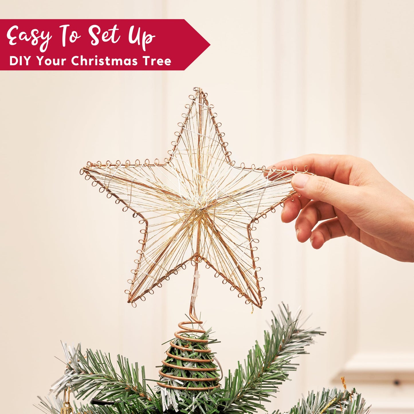 Joiedomi Christmas Tree Toppers 8" Gold Metal Star Decor with Battery Powered Treetop Ornaments with Warm White LED Lights for Xmas Holiday Party Indoor Decorations