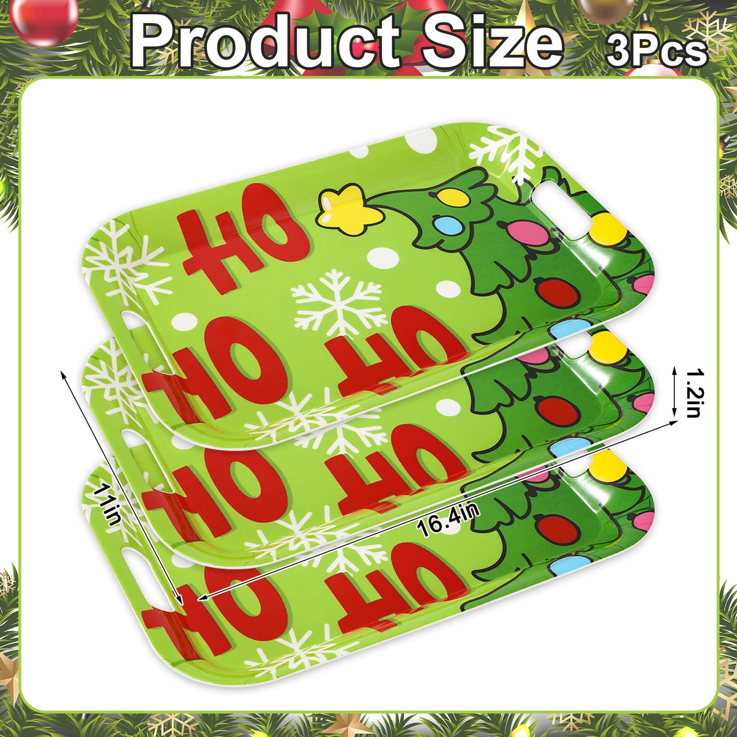JarThenaAMCS 3Pcs Christmas Serving Trays 16.4 x 11 Inch Xmas Tree HOHOHO Snowflake Platter with Handles Reusable Green Serving Dishes for Winter Birthday Party Sharing Snacks Fruit Dessert