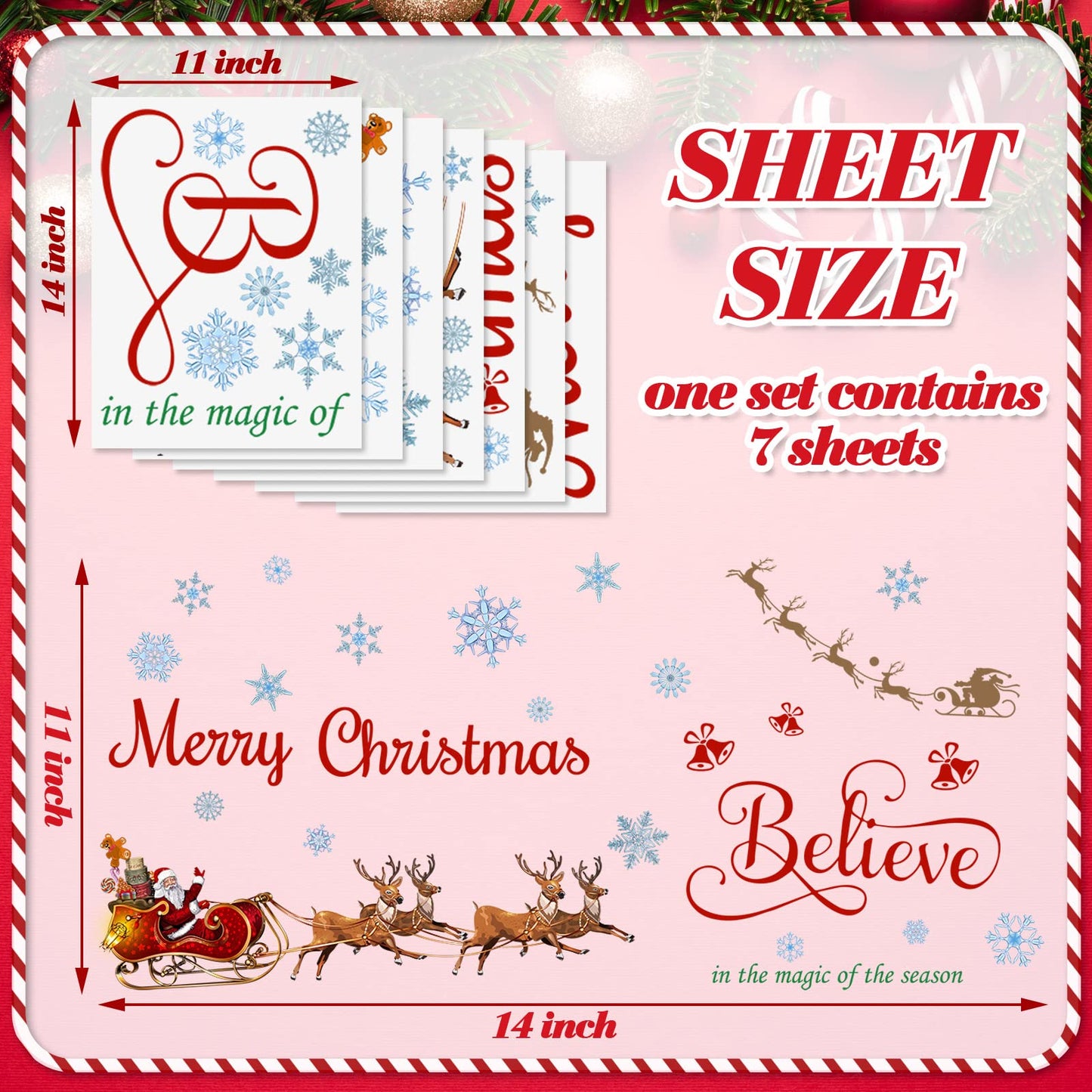 Spiareal Christmas Window Wall Decals Santa Sleigh and Reindeer Xmas Wall Stickers Merry Christmas Quote Stickers Santa Claus Snowflake Window Decal for Home Shop Xmas Party Decorations
