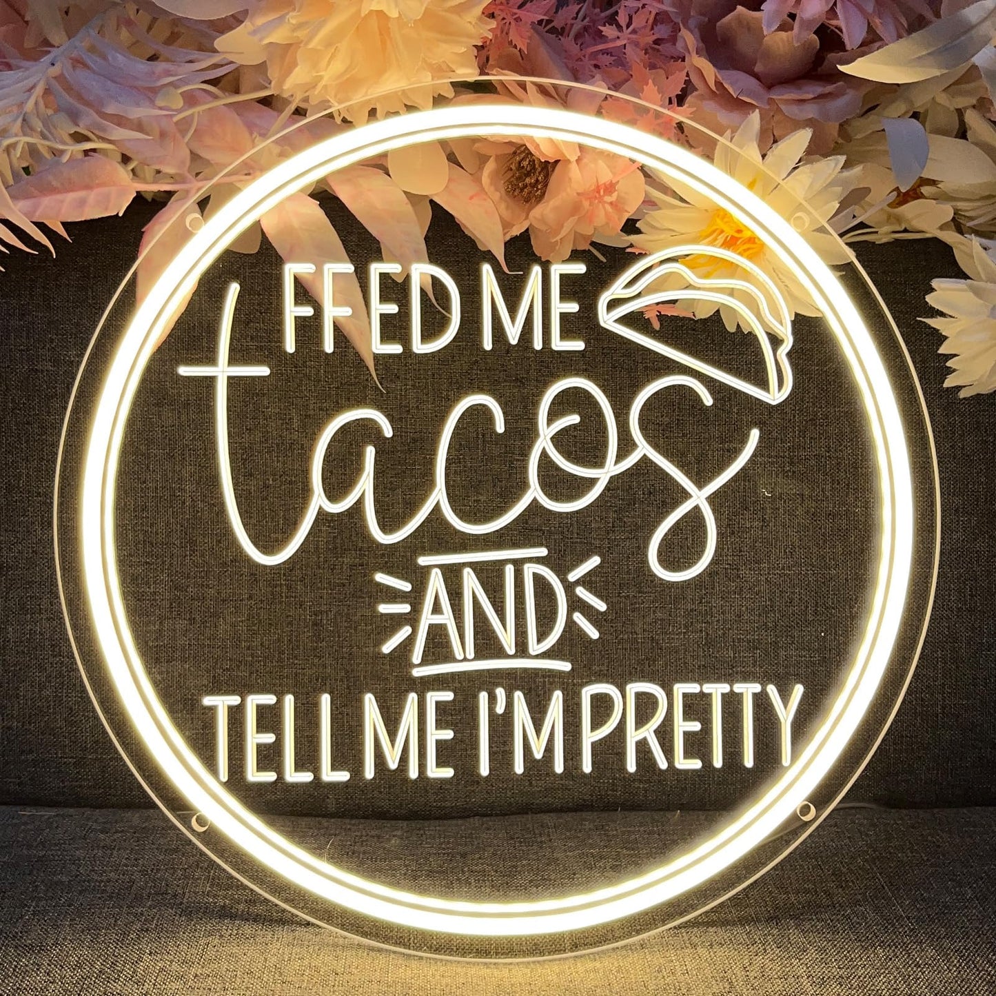 Neon Sign Feed Me Tacos and Tell Me I’m Pretty For Wall Decor 3D Art Carving Design Indoor Bedroom Led Neon Sign Backdrop Flex Christmas Business Room Shop Window Birthday Gift(Warm White,USB,30×30CM)