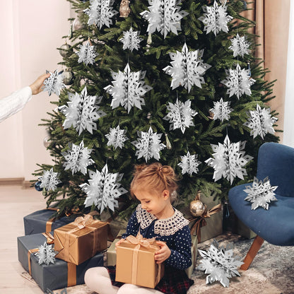 OuMuaMua Christmas Snowflake Decorations Indoor, 24PCS 3D Silver Hanging Snowflakes Garland for Winter Wonderland Decor Xmas Christmas Party Baby Shower Holiday Home Decorations