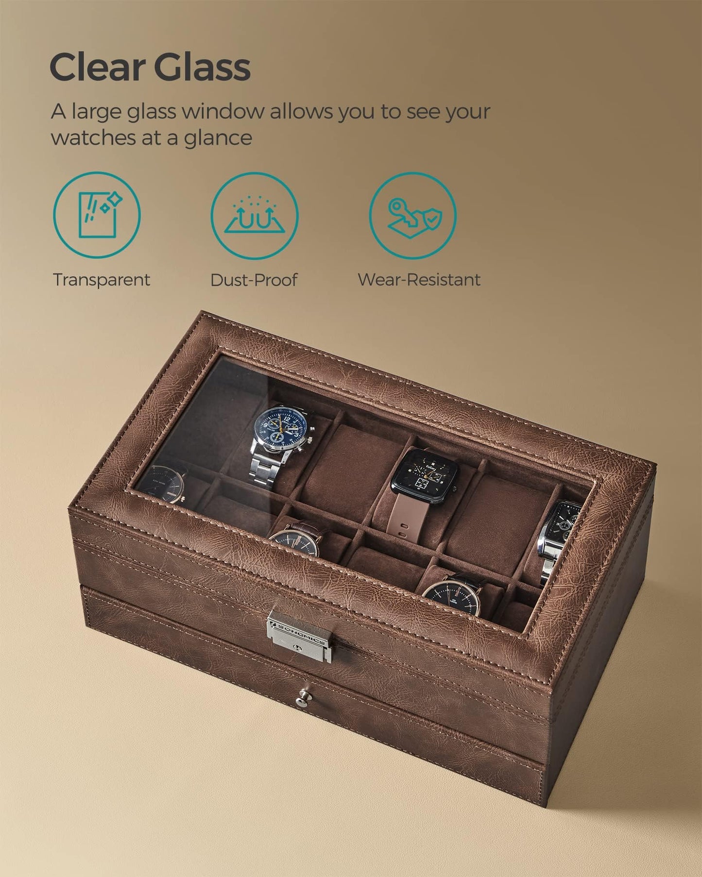 SONGMICS Watch Box, 12-Slot Watch Case Organizer with Large Glass Lid, 2 Layers, Removable Pillows, Metal Lock, Gift for Loved Ones, Brown Synthetic Leather, Brown Lining UJWB012K01